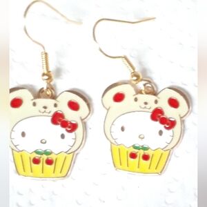 Hello Kitty Cherry Cupcake Bear Dangle Earrings Gold EnamelStainless Steel NEW